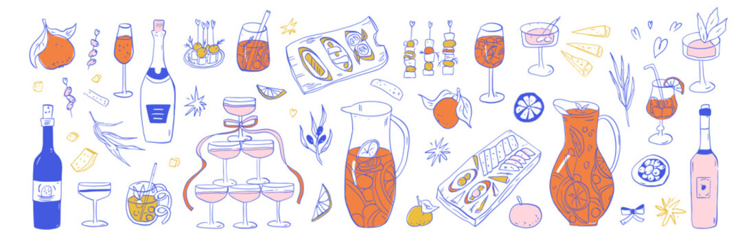 Mediterranean cocktail party hand drawn doodle set. Lemon, orange fruit mocktail, wine tasting. Sangria, limoncello glass, charcuterie illustration isolated. La dolce vita Italian, Spanish sketch.