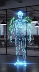 Artificial intelligence humanoid hologram, representing advanced technology integration in modern workspace