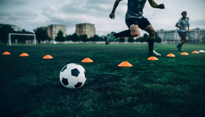 Obraz premium Football player training on a field with cones and a soccer ball
