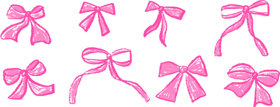 Bows pink crayon drawn set. Coquette ribbons doodle isolated on white background. Bowknot fuchsia pastel elements. Vector girly band by pencil illustration collection isolated on white background.