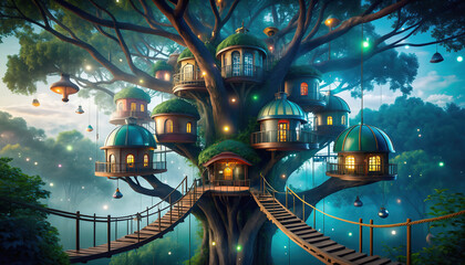 Fototapeta premium A Whimsical Illustration Of A Treehouse Community In A Magical Forest.