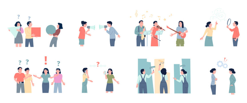 Misunderstanding scenes. Communication problems and conflicts, disagreements. People confrontation, trouble communicated and alternative view, recent vector concept