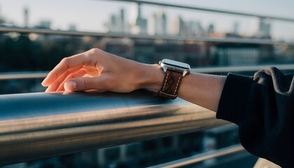 Close-up of a person's wrist with a fashionable watch resting on a railing