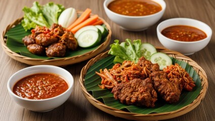 A delicious Asian-style fried chicken meal served with rice, dipping sauces, and side dishes, arranged neatly on a wooden table.