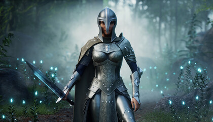 Naklejka premium A Fantasy Illustration Of A Female Knight In Full Armor.