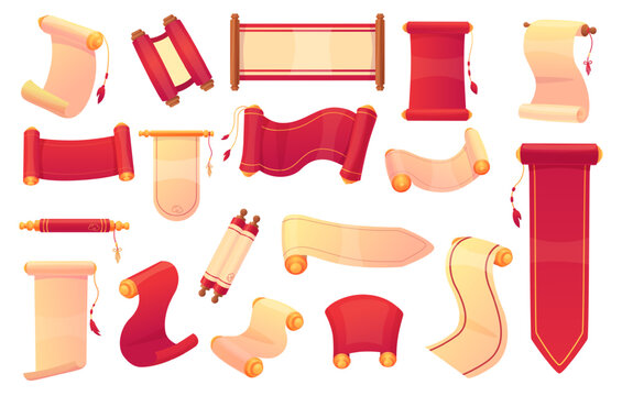 Cartoon asian scrolls. Paper scroll, red cream colors chinese korean japanese festive elements. Open and closed roll with wood handles and thread tassels, nowaday vector set