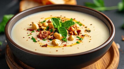 An elegant creamy soup made with chickpeas and almonds, garnished with herbs and nuts, presented in a refined gourmet style for sophisticated dining.