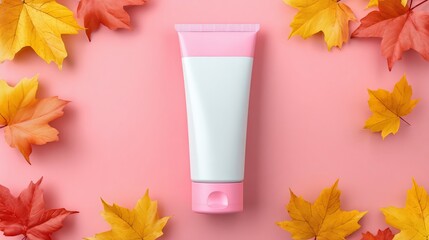 Cosmetic tube in soft pink and white, encircled by vibrant autumn foliage