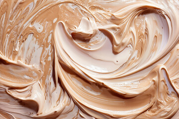 SWarm beige face cream texture with flowing glossy swirls, abstract cosmetic background expressing hydration smoothness and premium skincare elegance