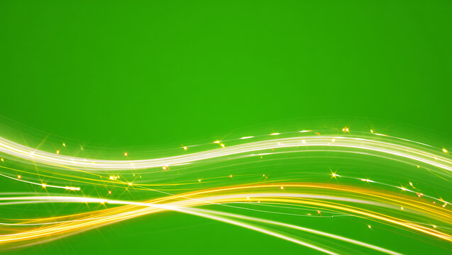 Dynamic golden light trails illuminate a vibrant green background with sparkling particles, creating an energetic and modern abstract design for digital concepts and high-tech themes - Powered by Adobe