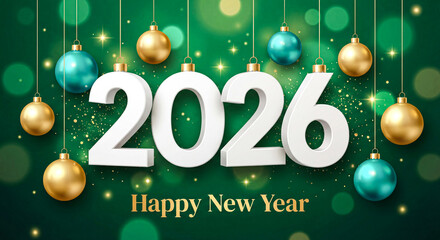 Elegant 2026 Ornaments on Green Bokeh