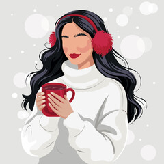 Cozy winter faceless woman in white sweater with red earmuffs holding a hot drink mug, minimalist modern vector portrait with soft bokeh snow&mdash;ideal for holiday greeting cards, social media posts.