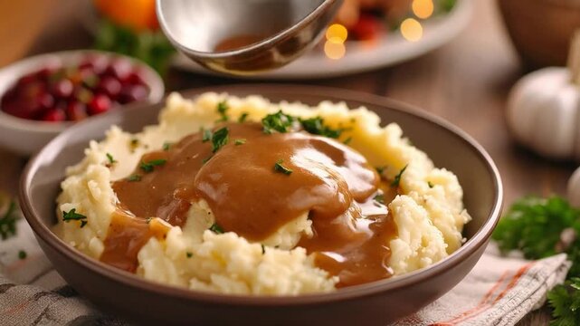 A comforting plate of mashed potatoes topped with rich brown gravy, served warm as a classic homemade comfort food meal.