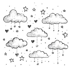 Doodle Clouds and Stars, isolated on white background and isolated on transparent background