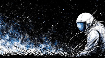 Artistic depiction of an astronaut in space, with cosmic elements in black and blue hues