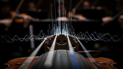 Musicians play violins with sound waves emanating from the instrument in a dark room