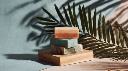 Stack of colorful handmade soaps, tropical foliage, and shadow on textured surface