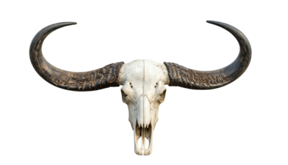 Detailed frontal view of a buffalo skull with huge curved horns on black