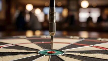 Dart hits the bullseye on a dartboard in a pub with precision and skill