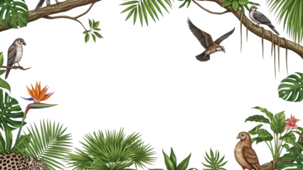 Tropical jungle scene with exotic birds and plants on black background