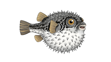 Detailed illustration of a pufferfish with distinctive spines and fins on a black background