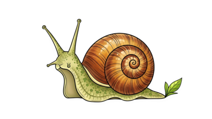 A colorful illustration of a snail with a brown shell and green body on a black background