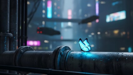 A blue butterfly perches on a metal pipe in a rainy cityscape at dusk with neon lights