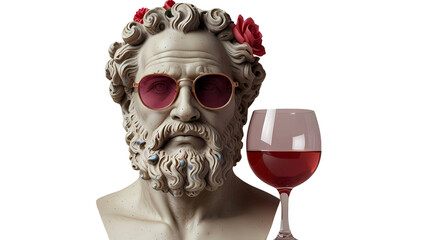 Ancient stone sculpture portrait of a man in a mask depicting a human head with cultural decoration