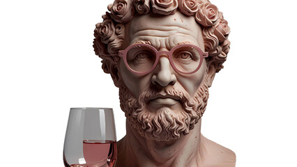 Ancient stone sculpture portrait of a man in a mask depicting a human head with cultural decoration