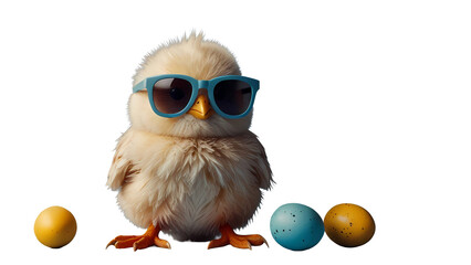 A cute newborn yellow Easter chick stands next to a white egg on a farm, showing a fluffy small bird with a tiny beak and feathers isolated against a clean background