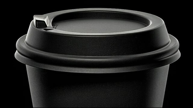 Close-up of a black disposable coffee cup with a lid against a dark background, perfect for showcasing minimalist design and beverage concepts.