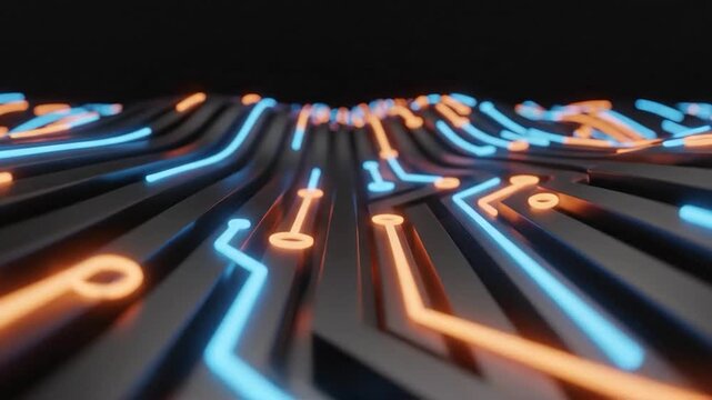 A 3D rendered circuit board with abstract glowing blue and orange lines on a grey surface
