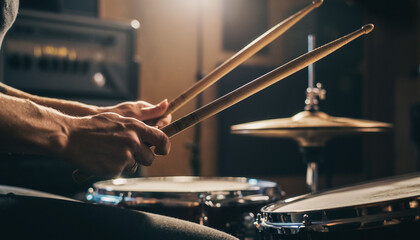 A Close-up Shot Of A Drummer\'s Hands And Drumsticks.
