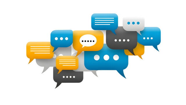 Dynamic digital conversation concept with colorful overlapping speech bubbles representing global online communication, discussion, and social media interaction