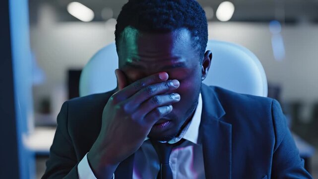 A young African-American businessman rubs his tired eyes in a dark, modern office, suffering from dry eye syndrome after long hours of exhausting work