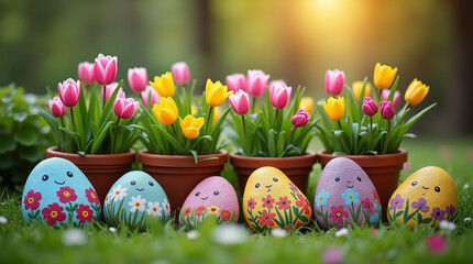Painted stones with cheerful designs and tulips in pots on a grass field, under warm sunlight. Sustainable, zero waste Easter decor. DIY gifts for Easter