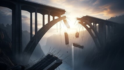 Abandoned bridge with cargo containers hanging.