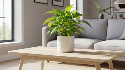 Lush green houseplant in a white pot adorns a light wood coffee table in a bright minimalist living room