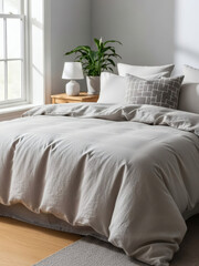 Bright bedroom interior showcasing a comfortable bed with neutral linens, a geometric pillow, and a green plant on a wooden nightstand