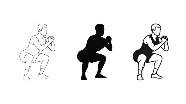 Set of three squat exercise icons showing different styles outline, silhouette and filled line art for fitness and workout concepts
