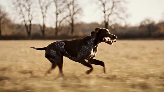 Energetic german shorthaired pointer dog running across a dry grassy field during autumn daylight