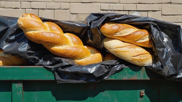 Unsold Bread Loaves Thrown Away in Dumpster with Black Plastic Bags