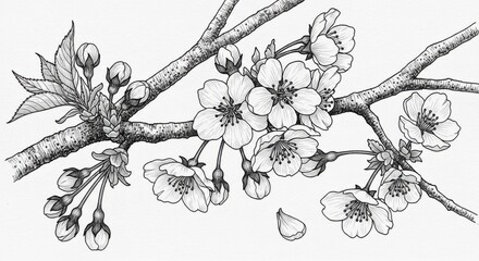 Detailed monochrome illustration of cherry blossom branch in full bloom