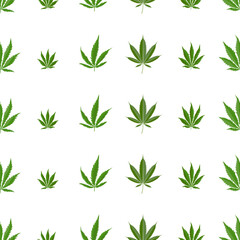 Vector illustration featuring rows of cannabis leaves in different sizes arranged on a white background, suitable for medical cannabis, cbd branding, packaging, labels, and wellness design.