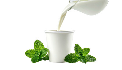 Milk pours from a pitcher into a cup, accented by mint leaves