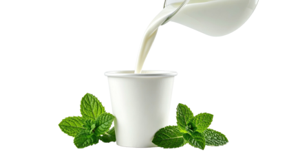 Milk pours from a pitcher into a cup, accented by mint leaves