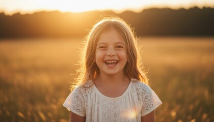 Smiling young girl with long blond hair stands in a sunny field at sunset with golden light backlighting her hair