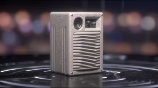 Compact Portable Speaker Rotating on a Reflective Surface with Bokeh Background.