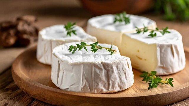 Soft white brie cheese rounds garnished with fresh herbs on a wooden board, presented in a rustic gourmet food setting with natural light.