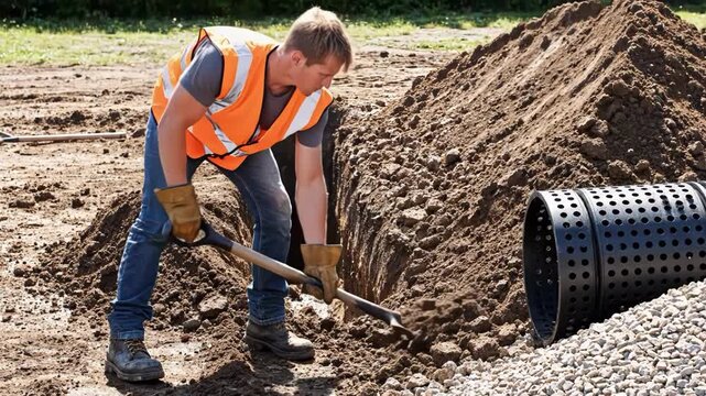 Construction worker digging trench with shovel near drainage pipe and gravel